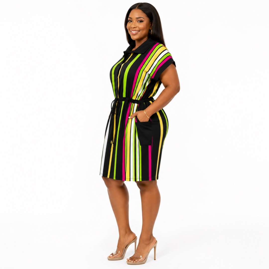 Womens Premium Multicolor Striped Shirt Dress with Drawstring Waist