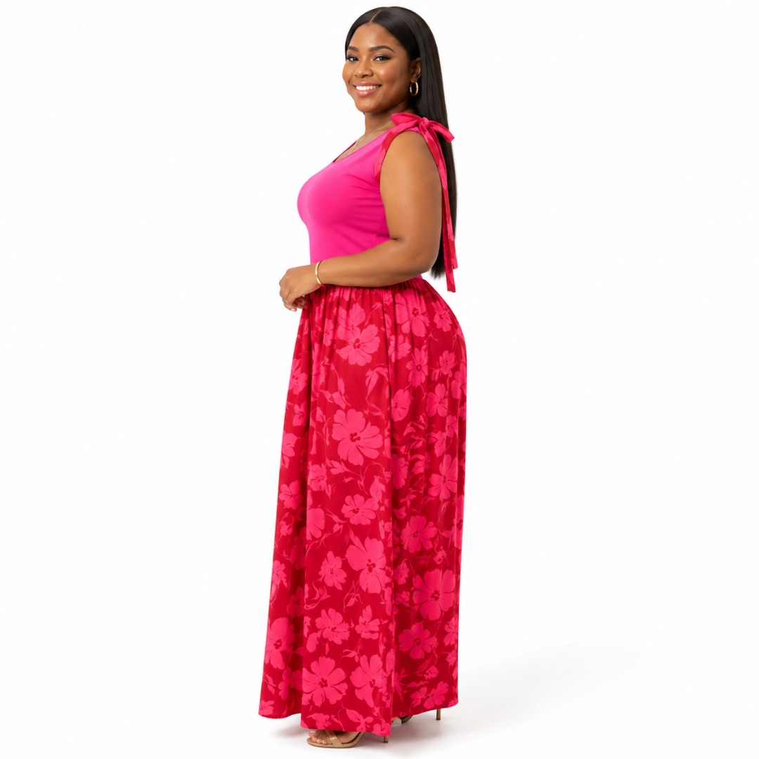 Womens  Premium Fuchsia Floral Maxi Dress with Shoulder Tie