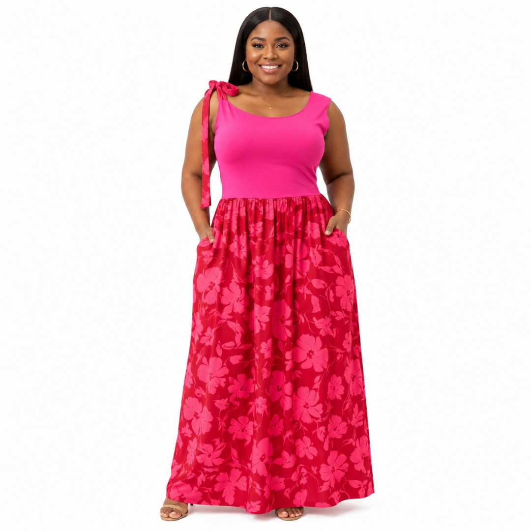 Womens  Premium Fuchsia Floral Maxi Dress with Shoulder Tie