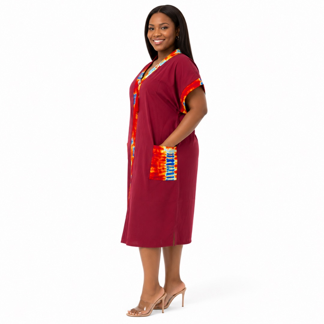 Womens Premium Burgundy Kaftan Dress with Multicolor Ankara Trim