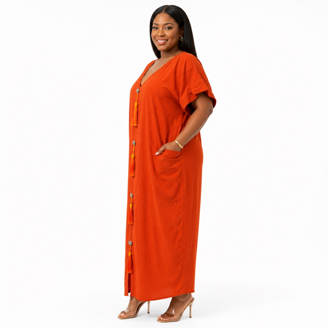 Womens Premium Rust Orange Button Detail Kaftan Dress