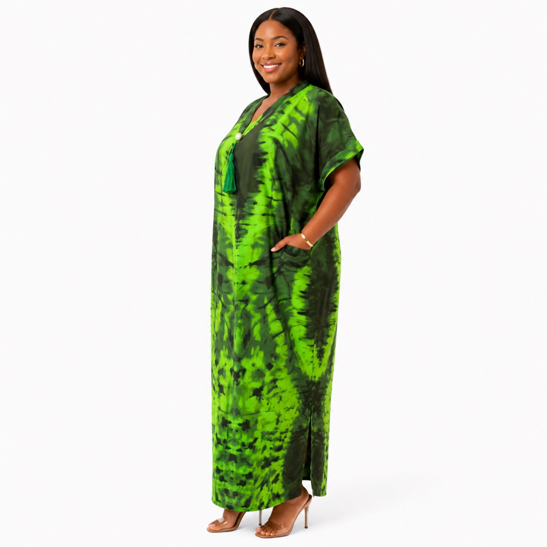 Womens Premium Green Tie Dye Kaftan Dress