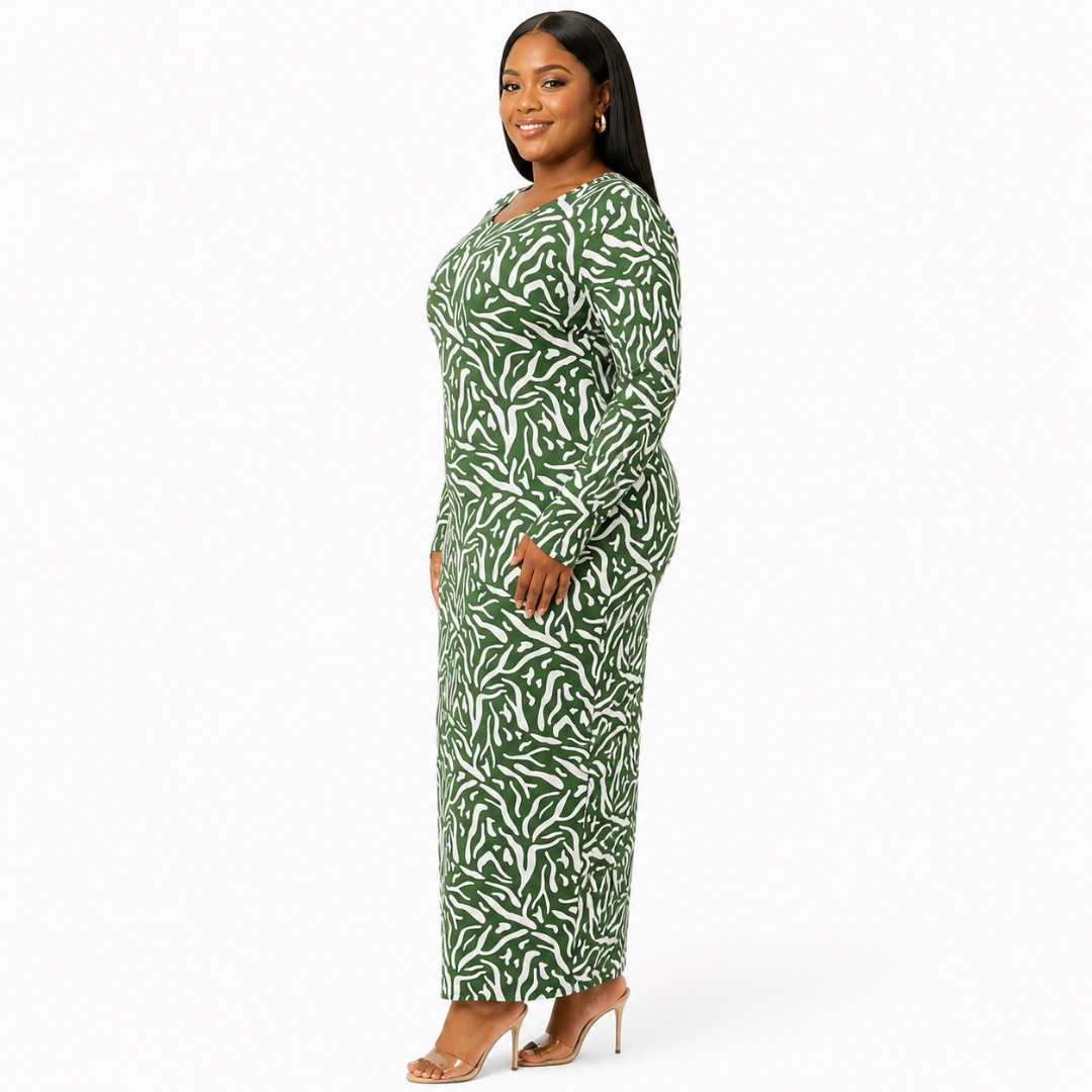 Womens Premium Olive Green Abstract Print Bodycon Midi Dress