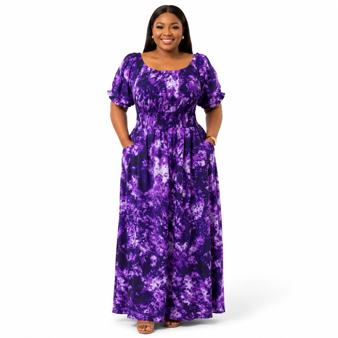 Womens Premium Purple Tie Dye Smocked Maxi Dress