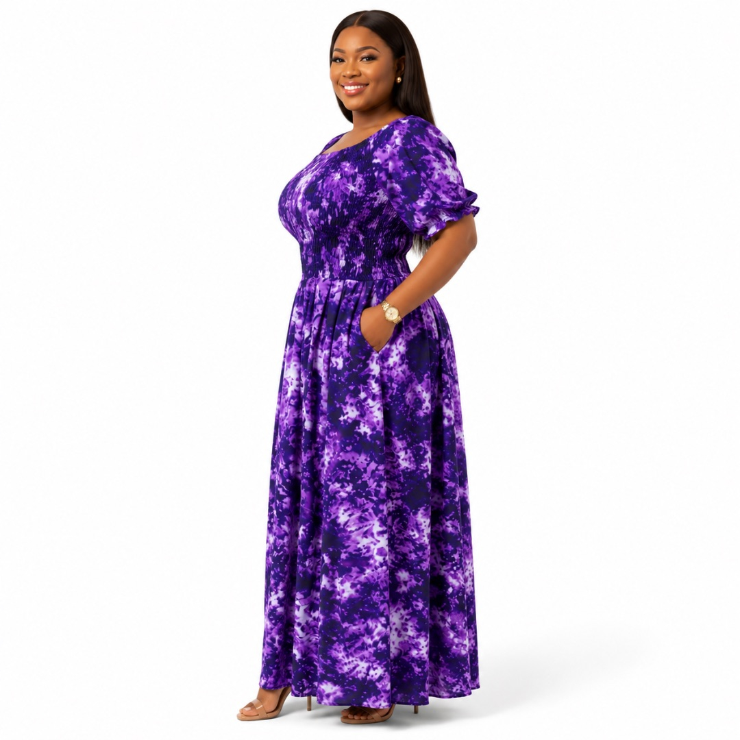 Womens Premium Purple Tie Dye Smocked Maxi Dress