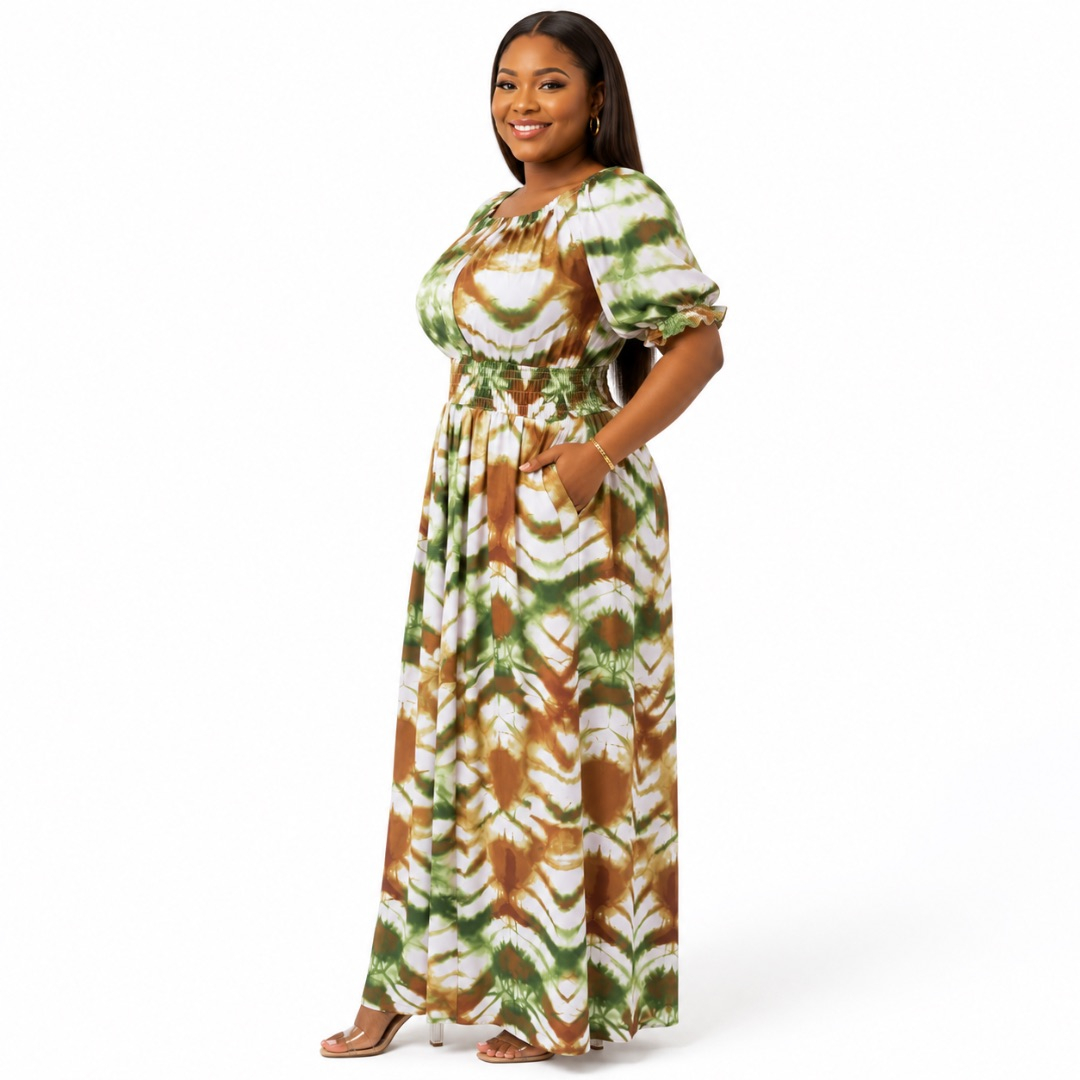 Womens Premium Olive Green Tie Dye Smocked Maxi Dress