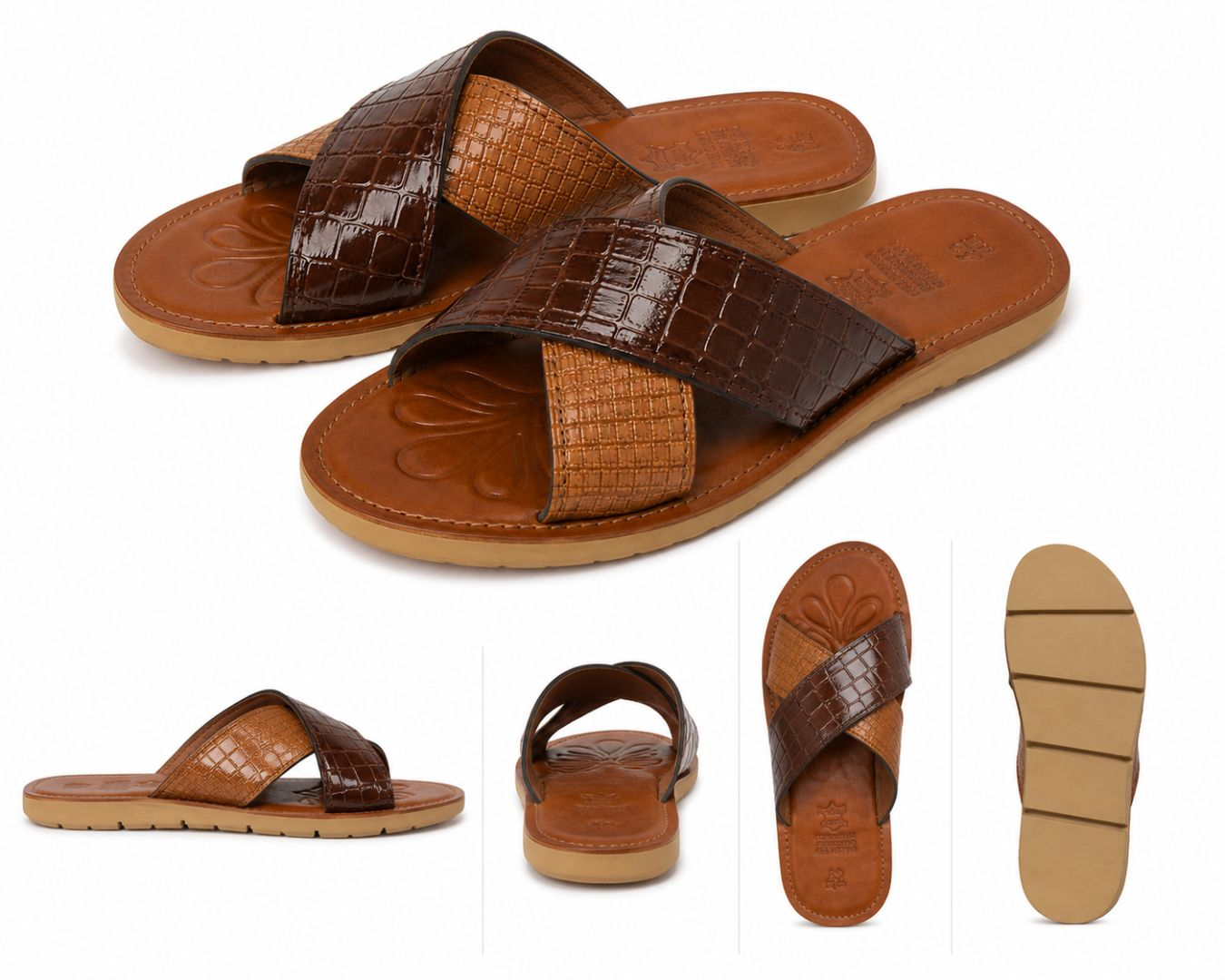 Mens Premium Two Tone Cross Strap Slide Sandals