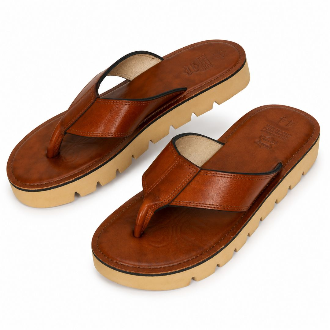 Mens Brown Leather Toe Post Classic Slip On Flip Flops Sandals