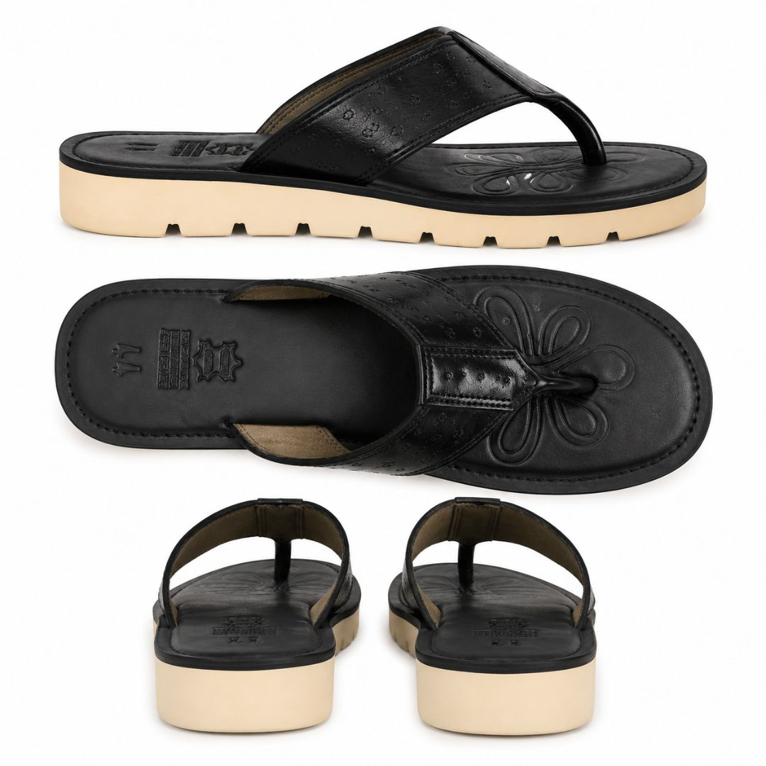Mens Premium Black Toe Post Leather Sandals