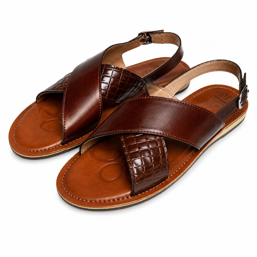 Mens Premium Cross Strap Brown Leather Sandals with Adjustable Buckle
