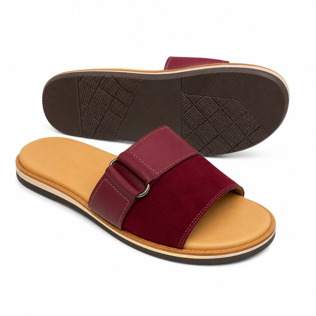 Women Casual Single Strap Burgundy Red Slide Sandals