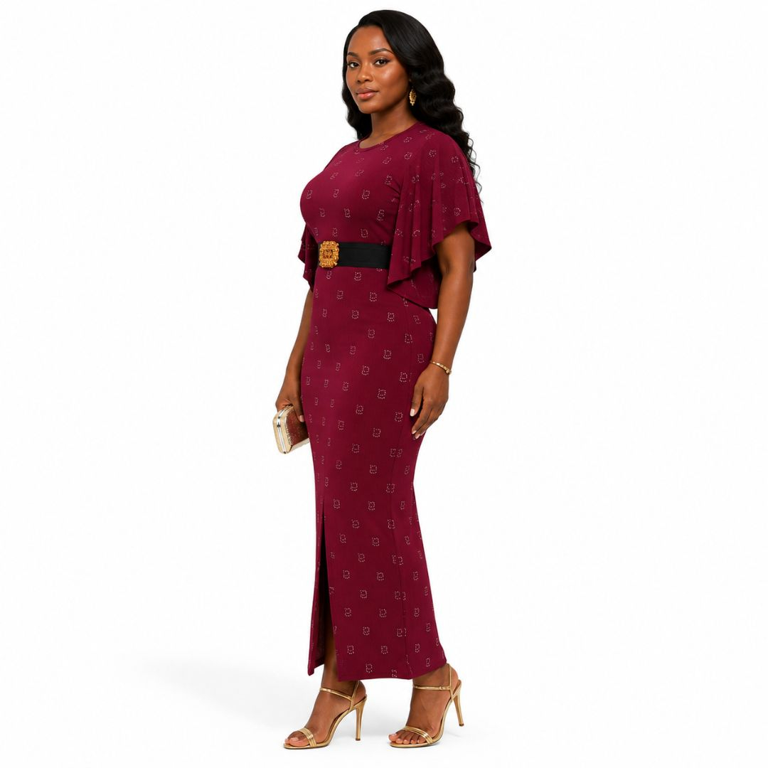 Burgundy Bodycon Midi Dress with Flared Sleeves & Statement Belt