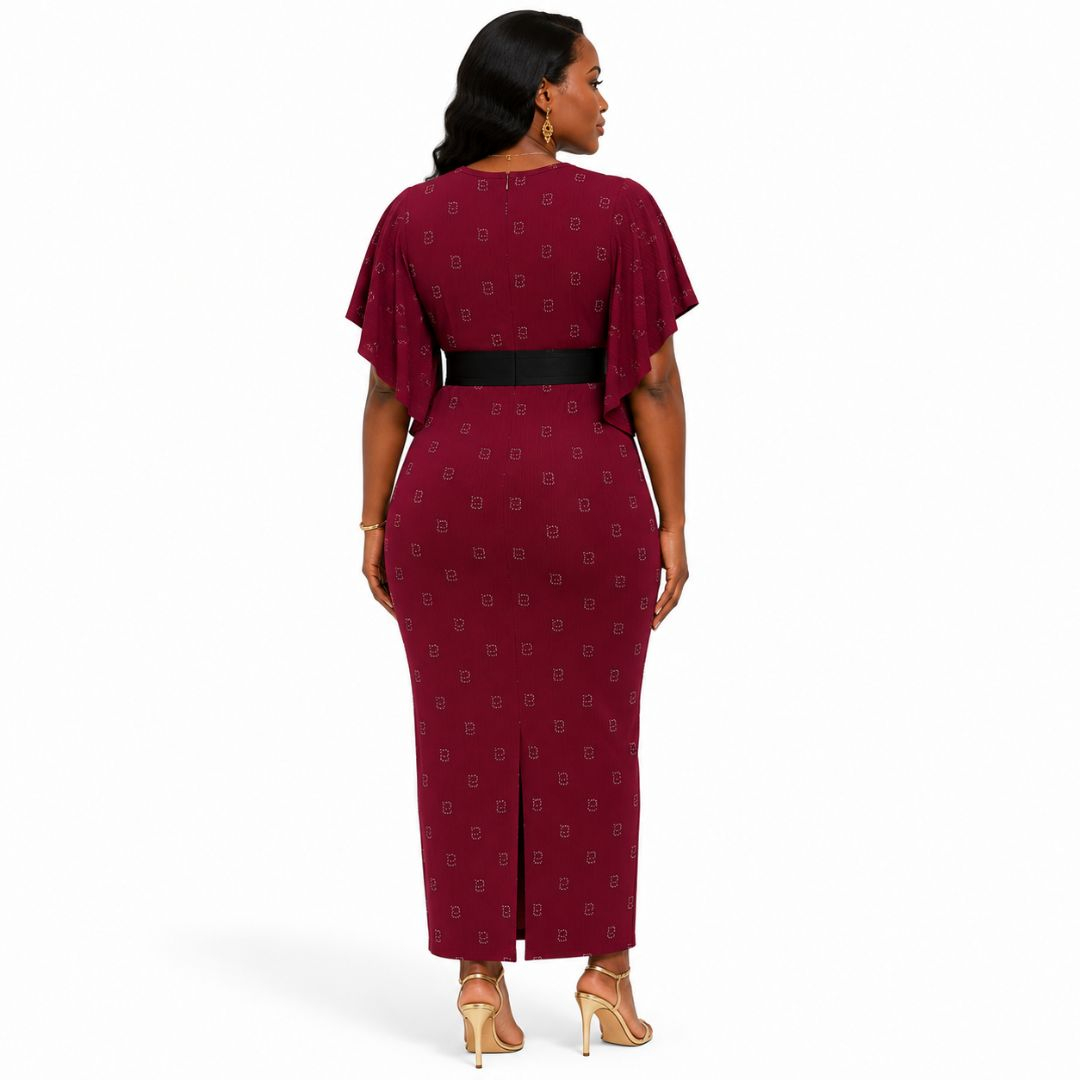 Burgundy Bodycon Midi Dress with Flared Sleeves & Statement Belt