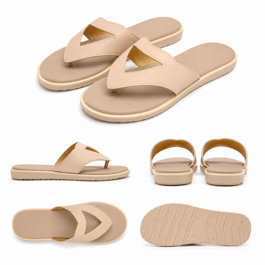 Womens Beige V Strap Flat Slide Sandals with Metallic Charm
