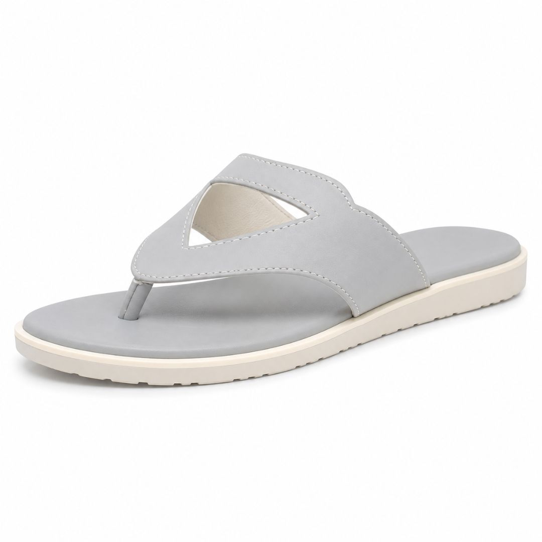 Womens White V Strap Flat Slide Sandals with Decorative Metal Accent