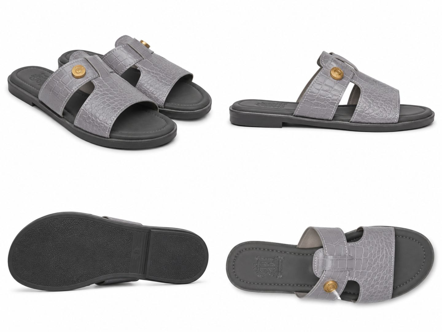 Grey Crocodile Texture Double Strap Flat Slide Sandals