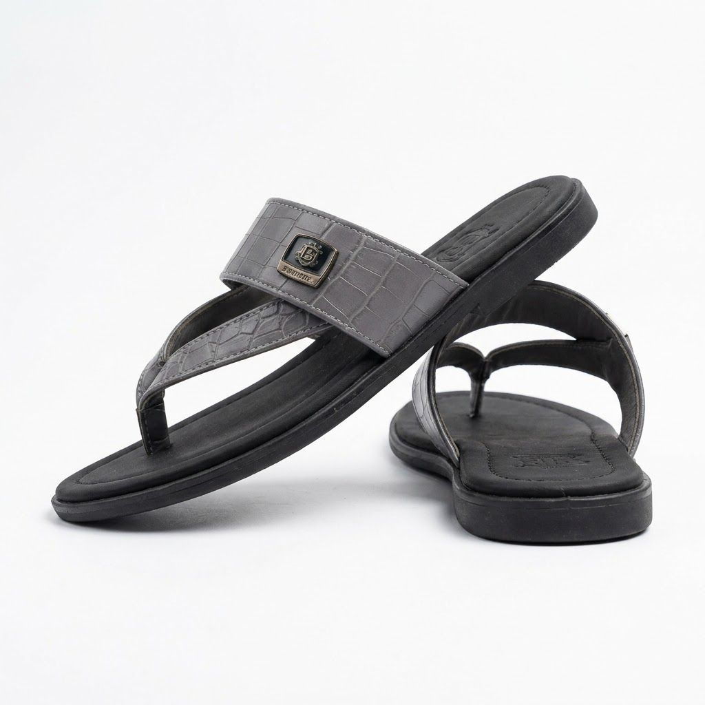 Grey Crocodile Texture V Strap Flat Slide Sandals with Decorative Metal Accent