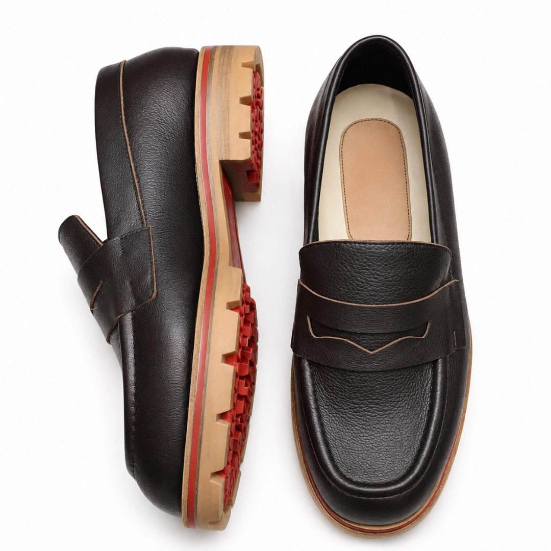 Black Leather Slip On Loafers with Rugged Sole