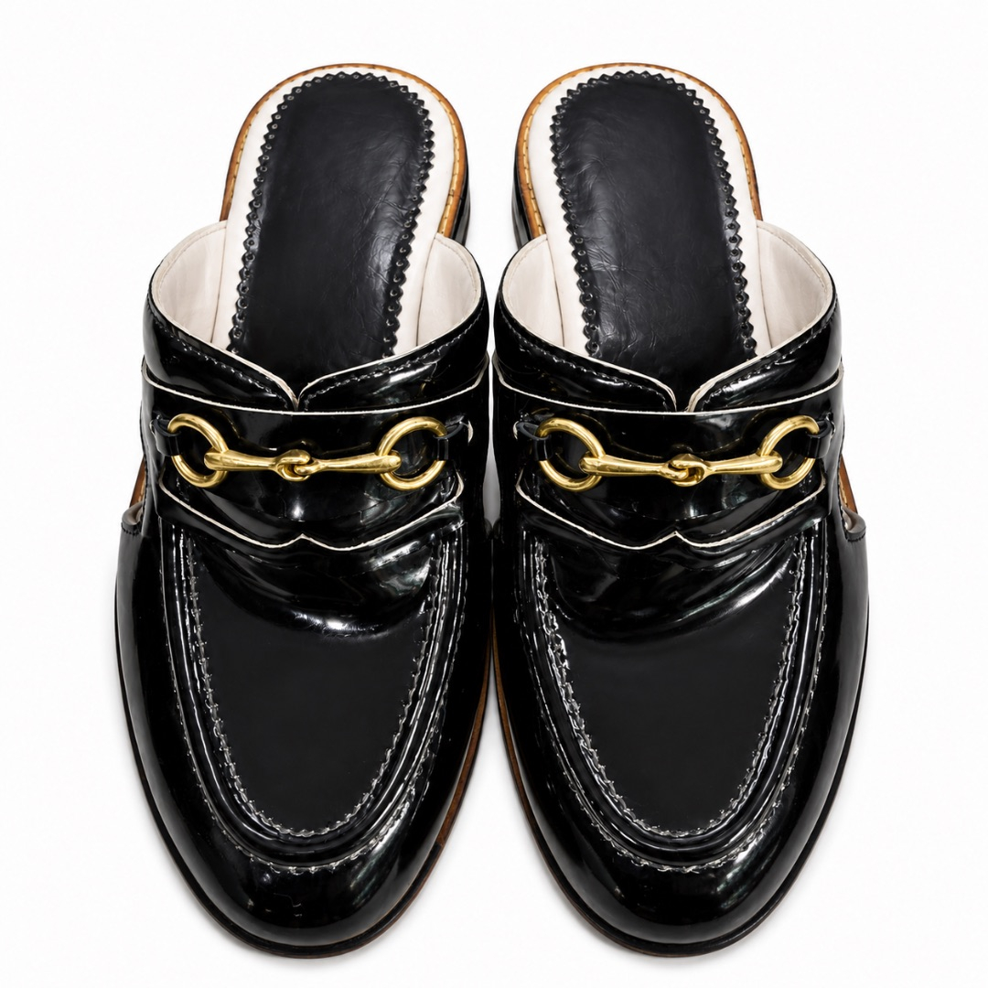 Men Black Glossy Slip On Mule Loafers with Metal Accent