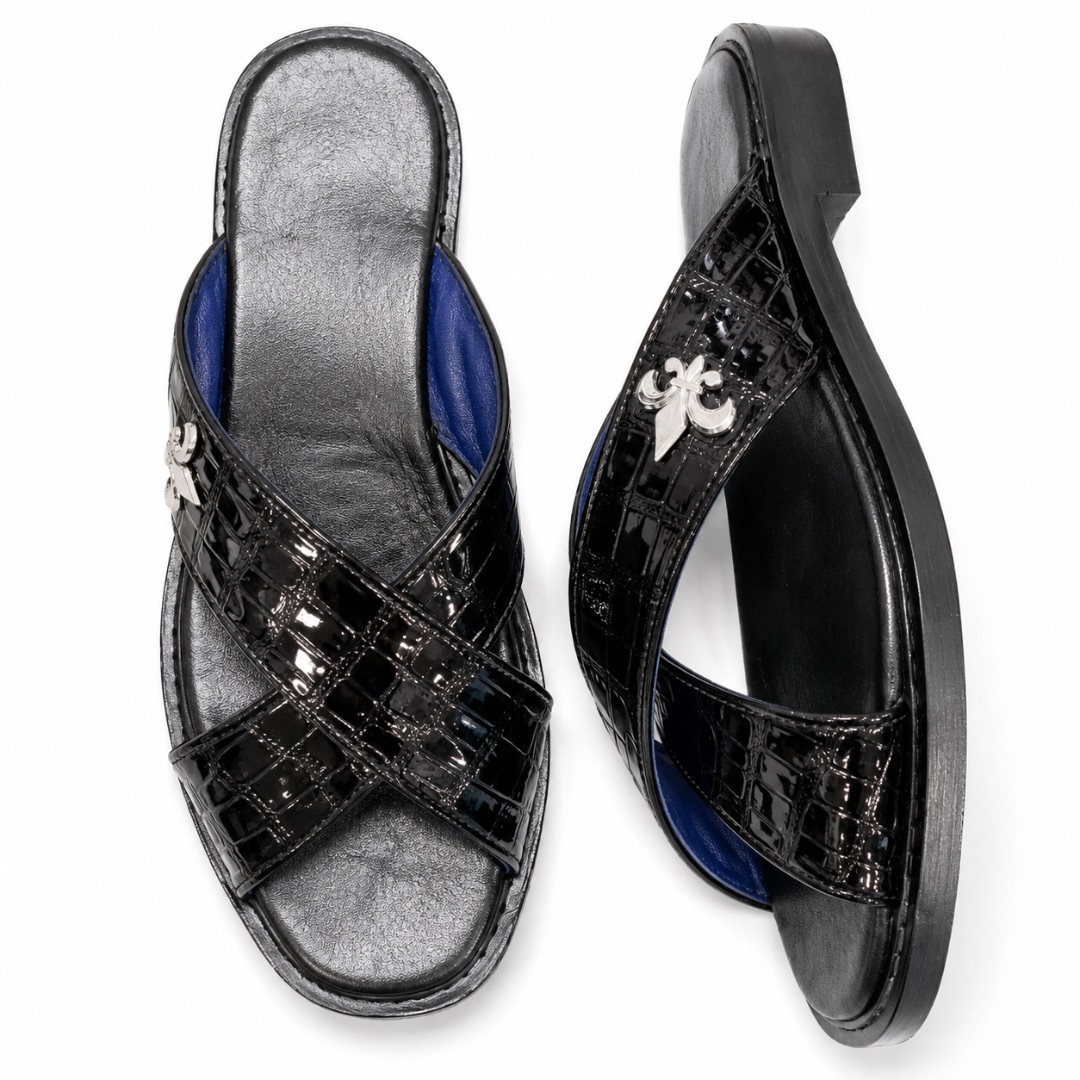 Men Black Cross Strap Slip On Sandals