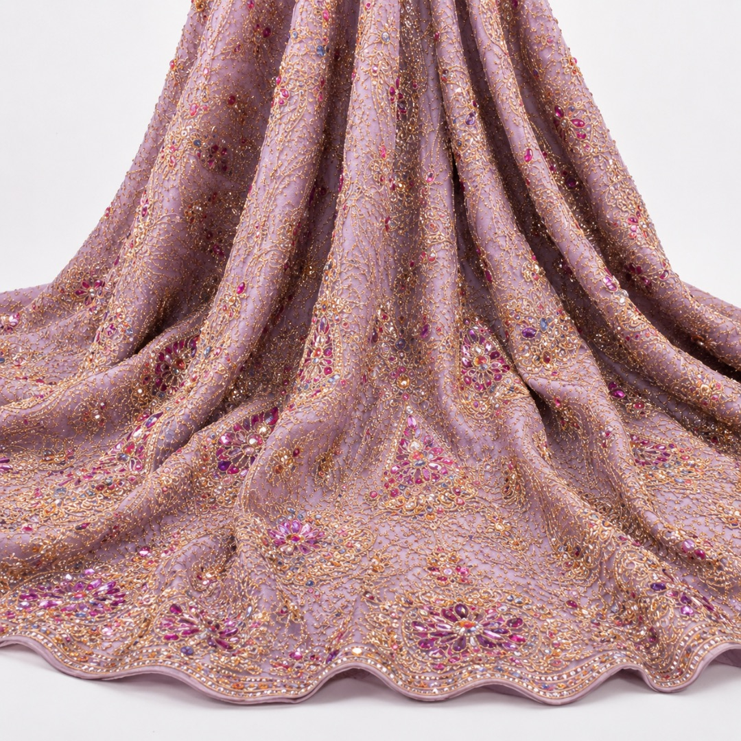Embroidered Beaded Net Lace Fabric with Floral Pattern