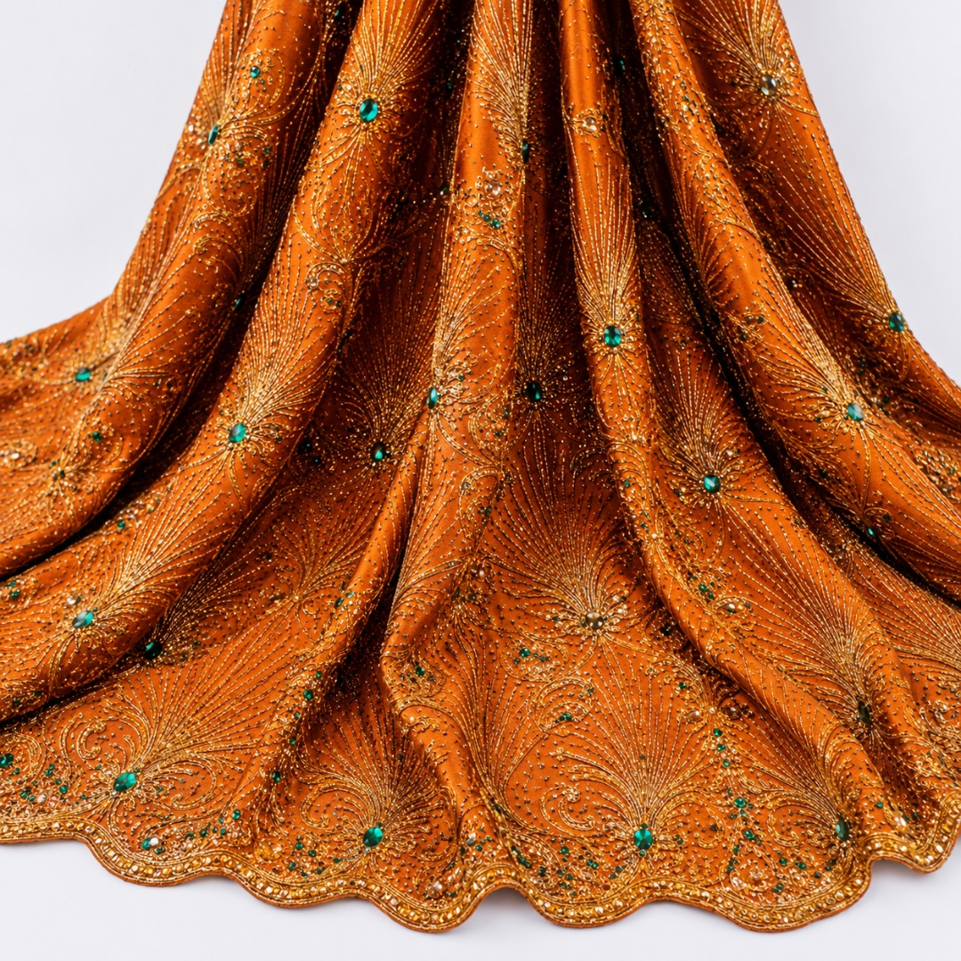 Heavy Embroidered Beaded Net Lace Fabric with Leaf Motifs