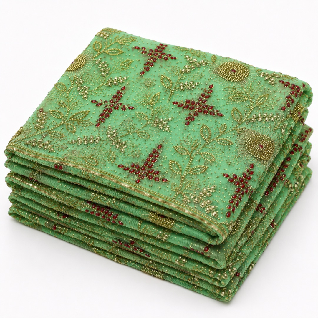 Heavy Embroidered Beaded Net Lace Fabric with Floral Cross Motifs