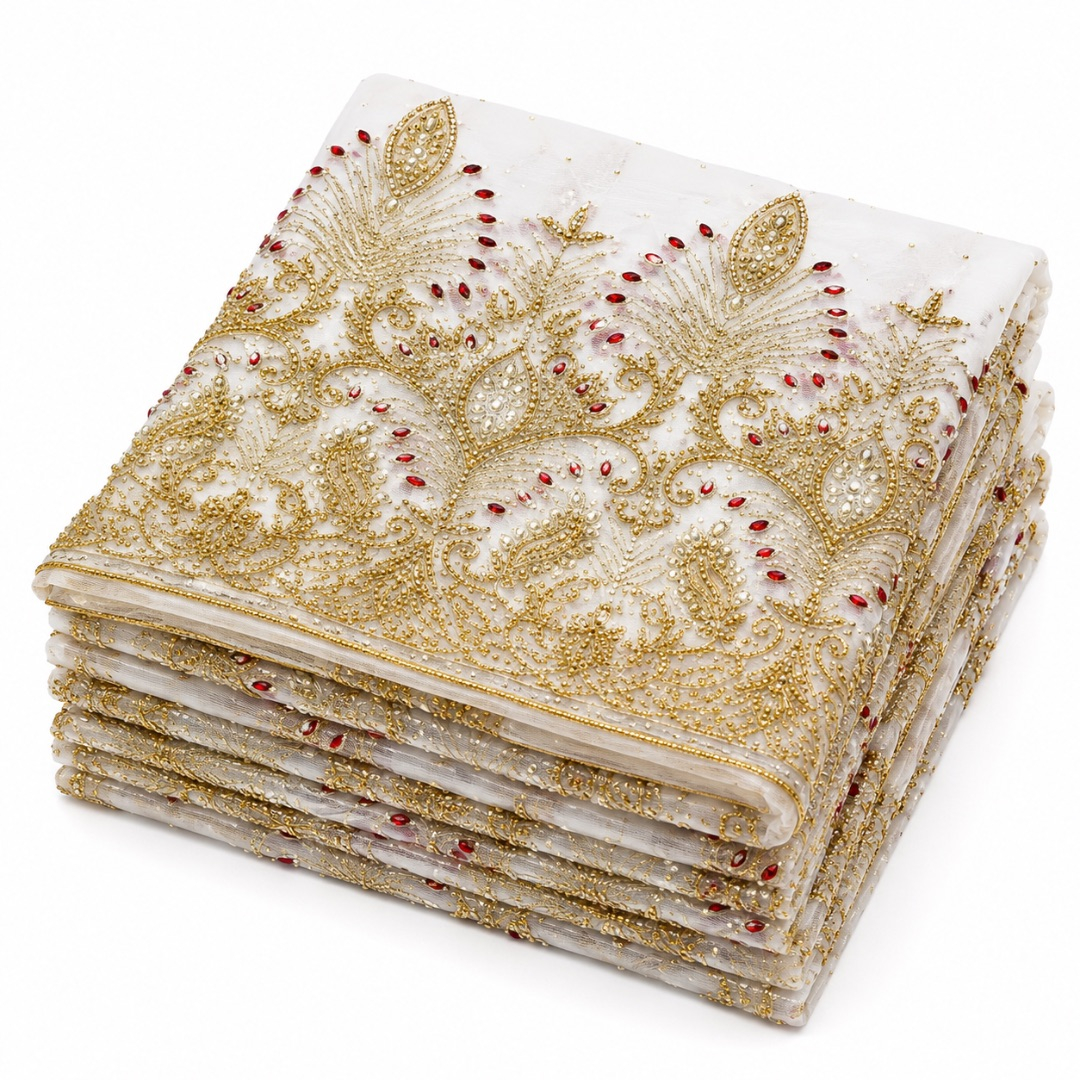 White Embroidered Sequin Net Lace Fabric