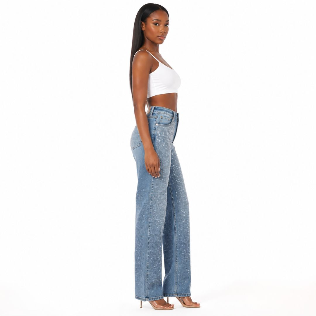 High Waist Rhinestone Wide Leg Denim Jeans
