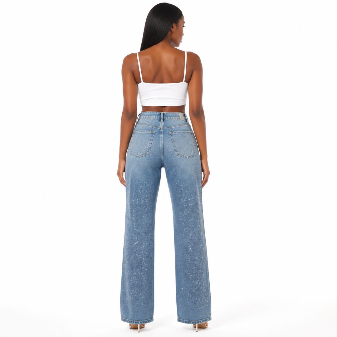 High Waist Rhinestone Wide Leg Denim Jeans
