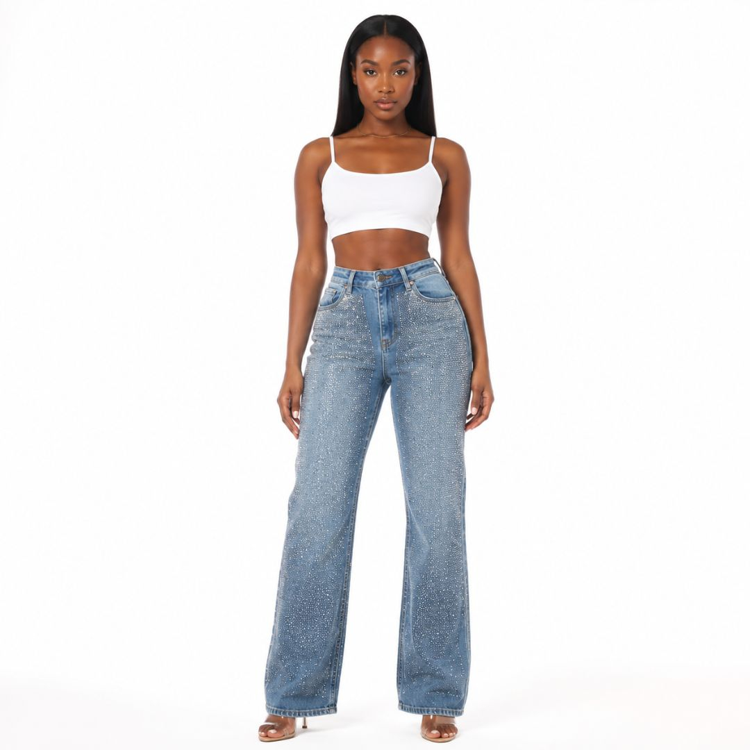 High Waist Rhinestone Wide Leg Denim Jeans