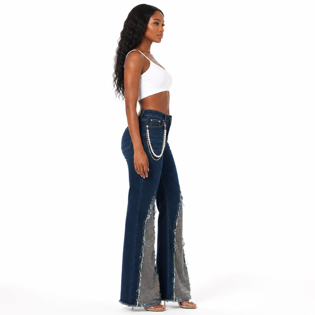 High Waist Rhinestone Flare Denim Jeans
