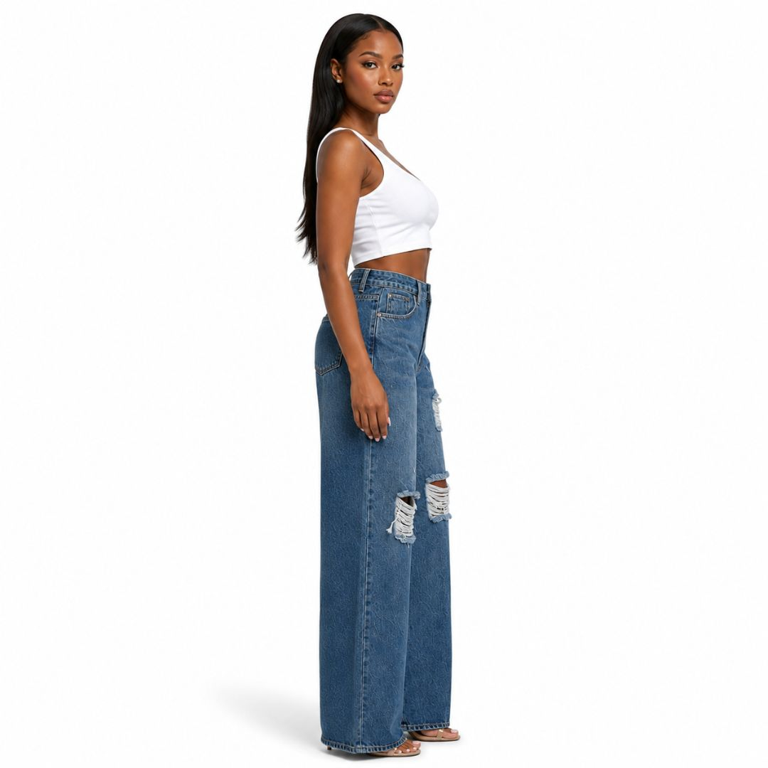 High Waist Distressed Wide Leg Denim Jeans