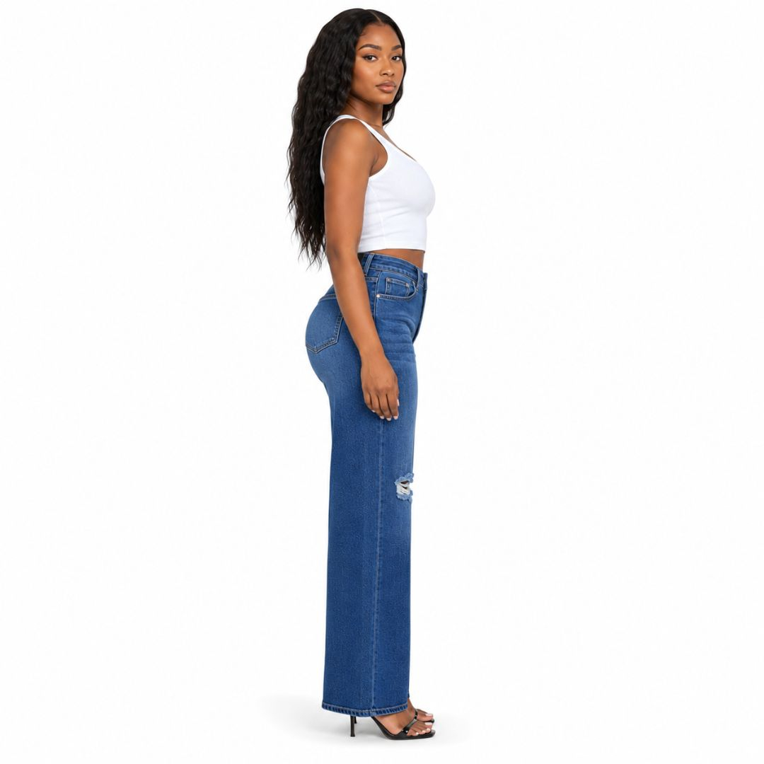 High Waist Distressed Straight Leg Denim Jeans