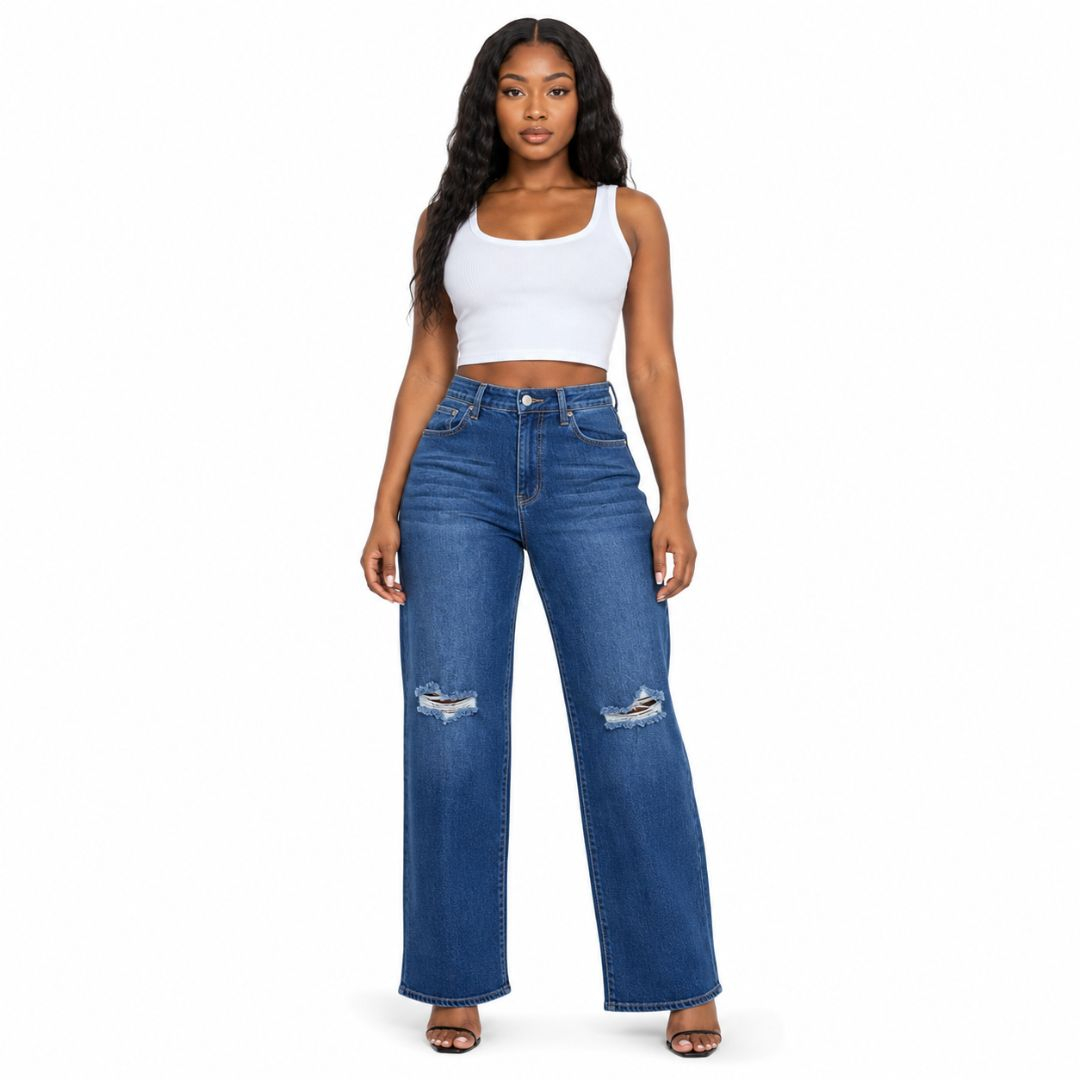 High Waist Distressed Straight Leg Denim Jeans