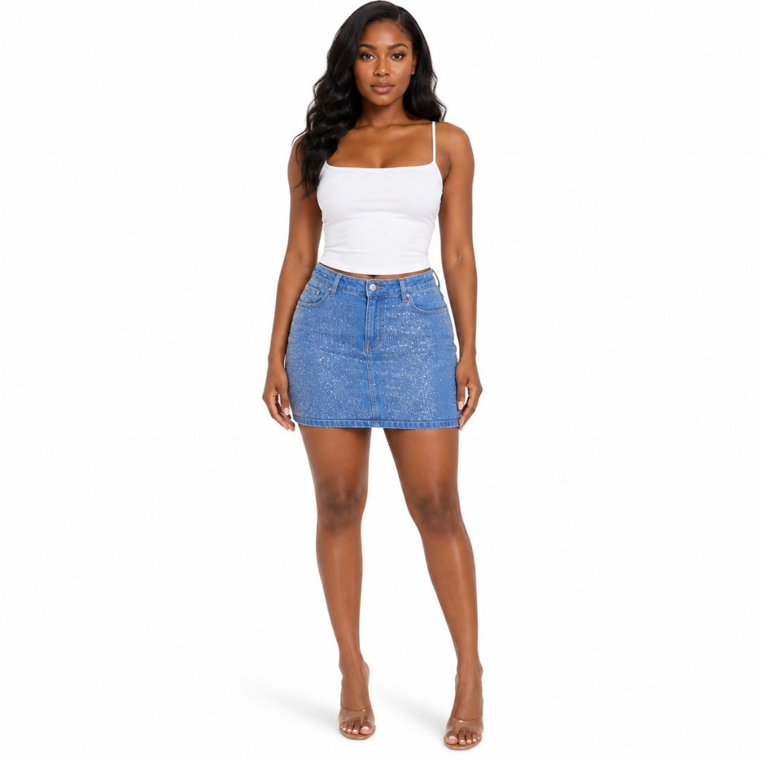 Women Premium Denim Rhinestone Mini Skirt