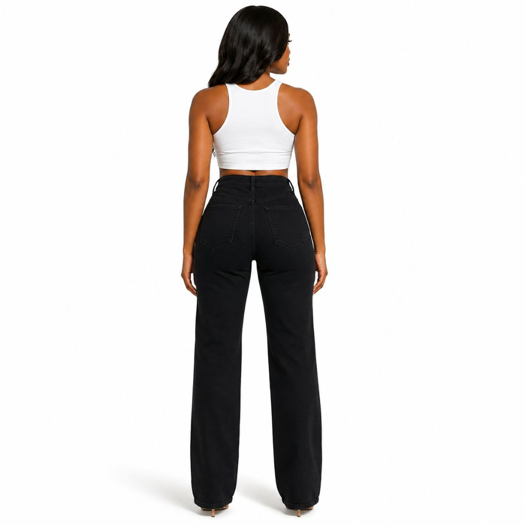 Women Black Wide Leg Rhinestone Bow Denim Jeans