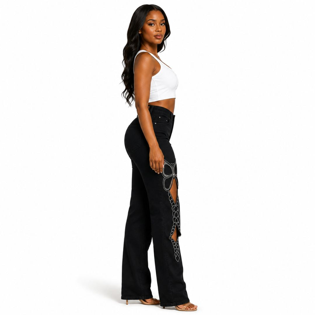 Women Black Wide Leg Rhinestone Bow Denim Jeans