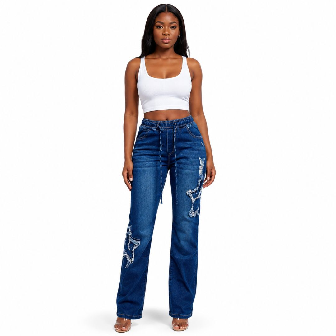 Denim Wide Leg Drawstring Jeans with Distressed Star Detail