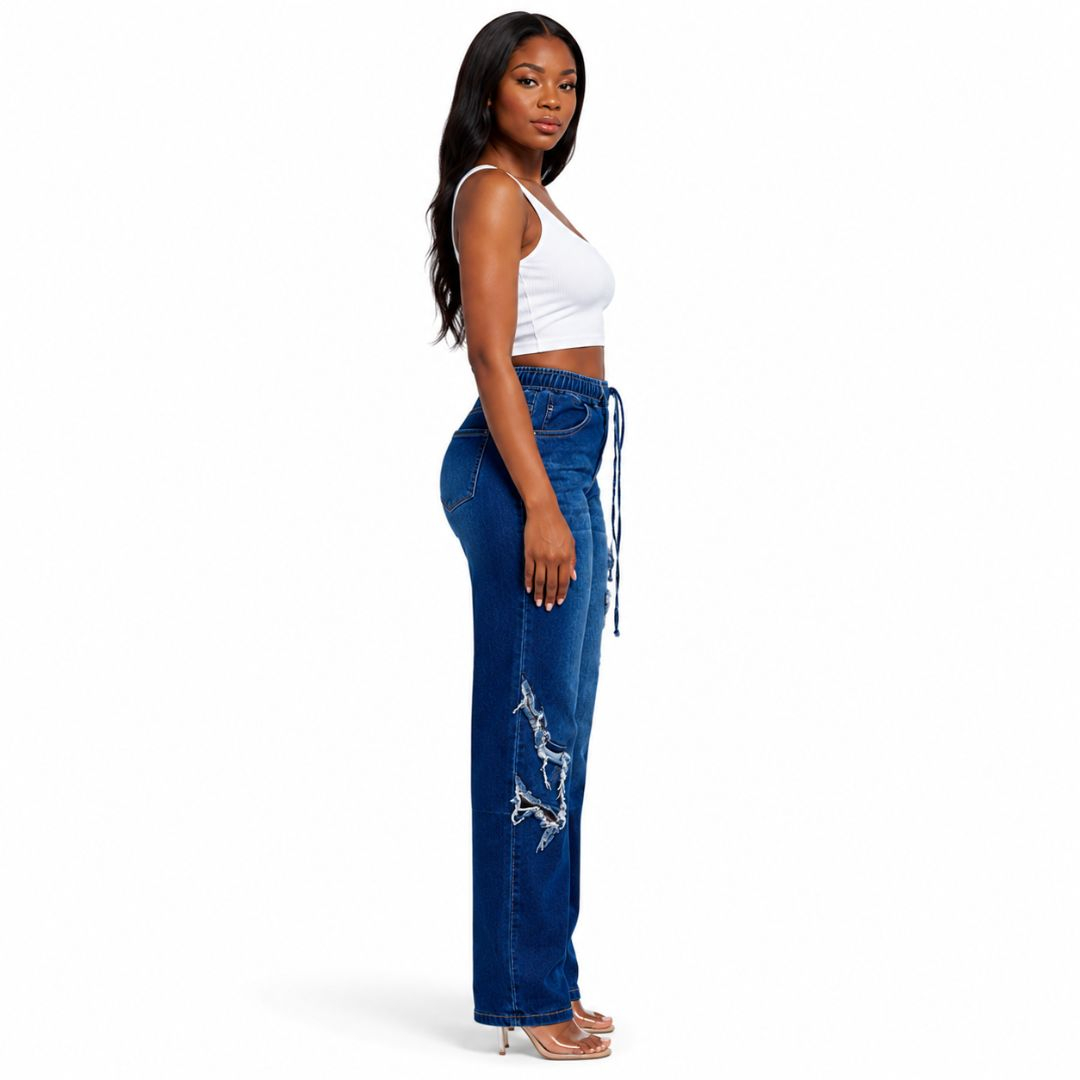 Denim Wide Leg Drawstring Jeans with Distressed Star Detail