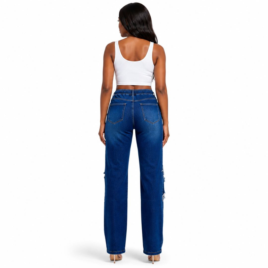 Denim Wide Leg Drawstring Jeans with Distressed Star Detail