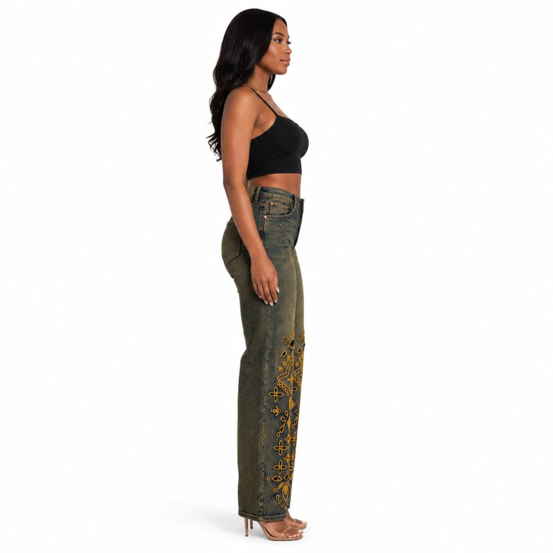Denim Straight Leg Jeans with Embroidered Leg Detail