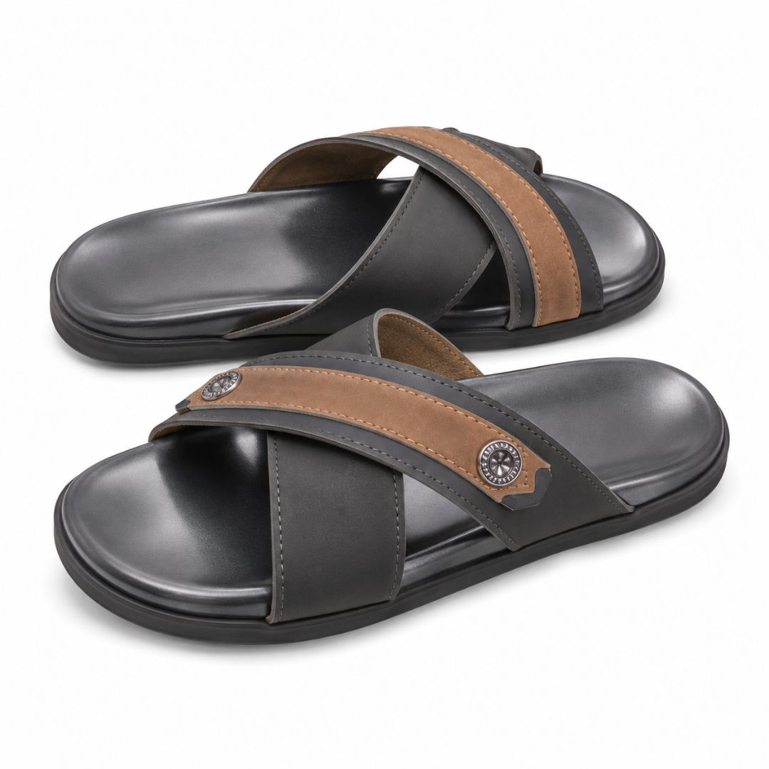Mens Black and Brown cross Strap  Slip On Sandals