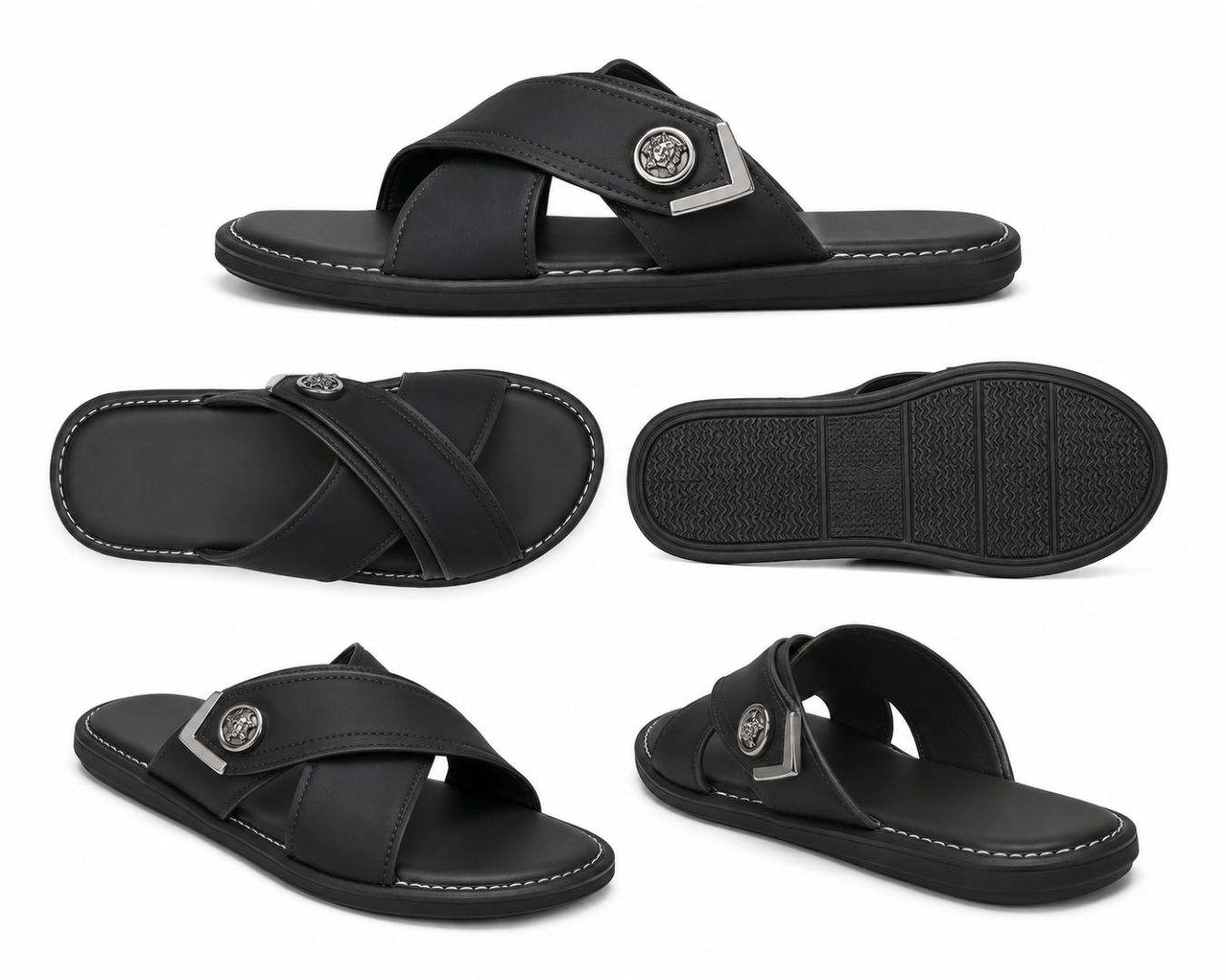 Mens Black Cross Strap Slip On Casual Comfort Sandals