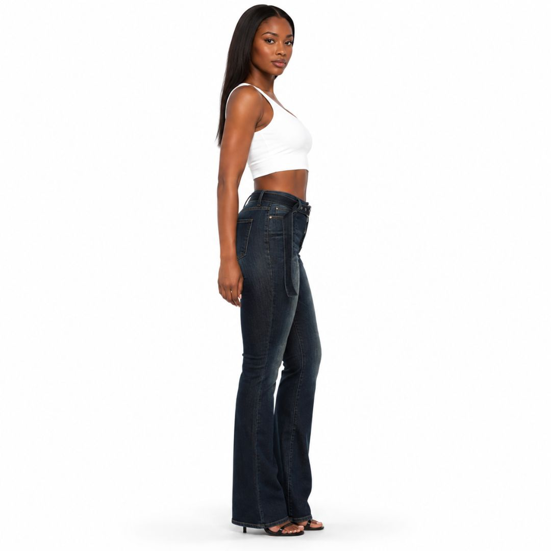 Denim Bootcut Jeans with Belt Detail