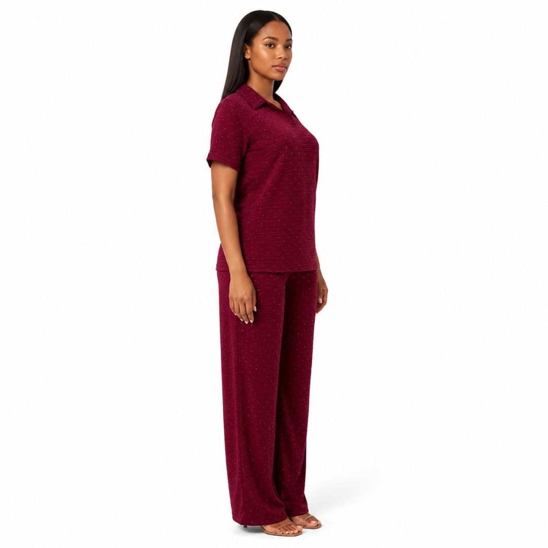 Women Burgundy Textured Rhinestone TwoPiece Set