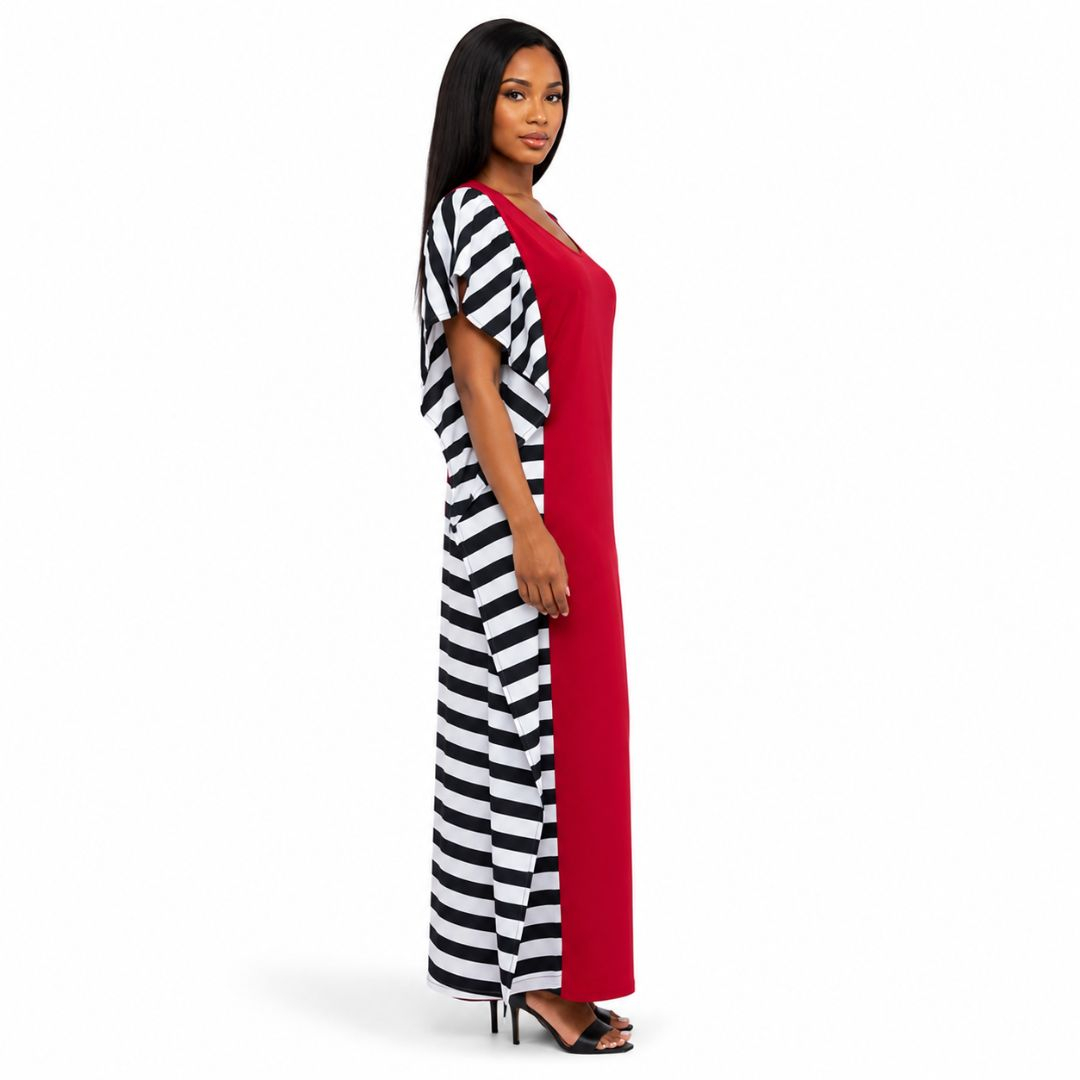 Women Red Maxi Dress with Striped Open Front Duster