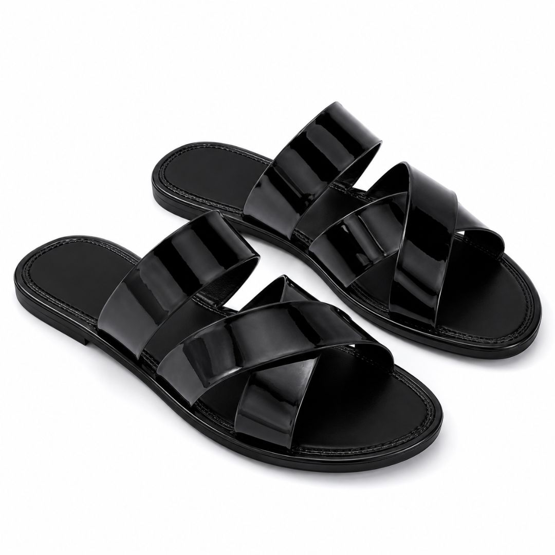 Womens Black Glossy Multi Strap Flat Slide Sandals