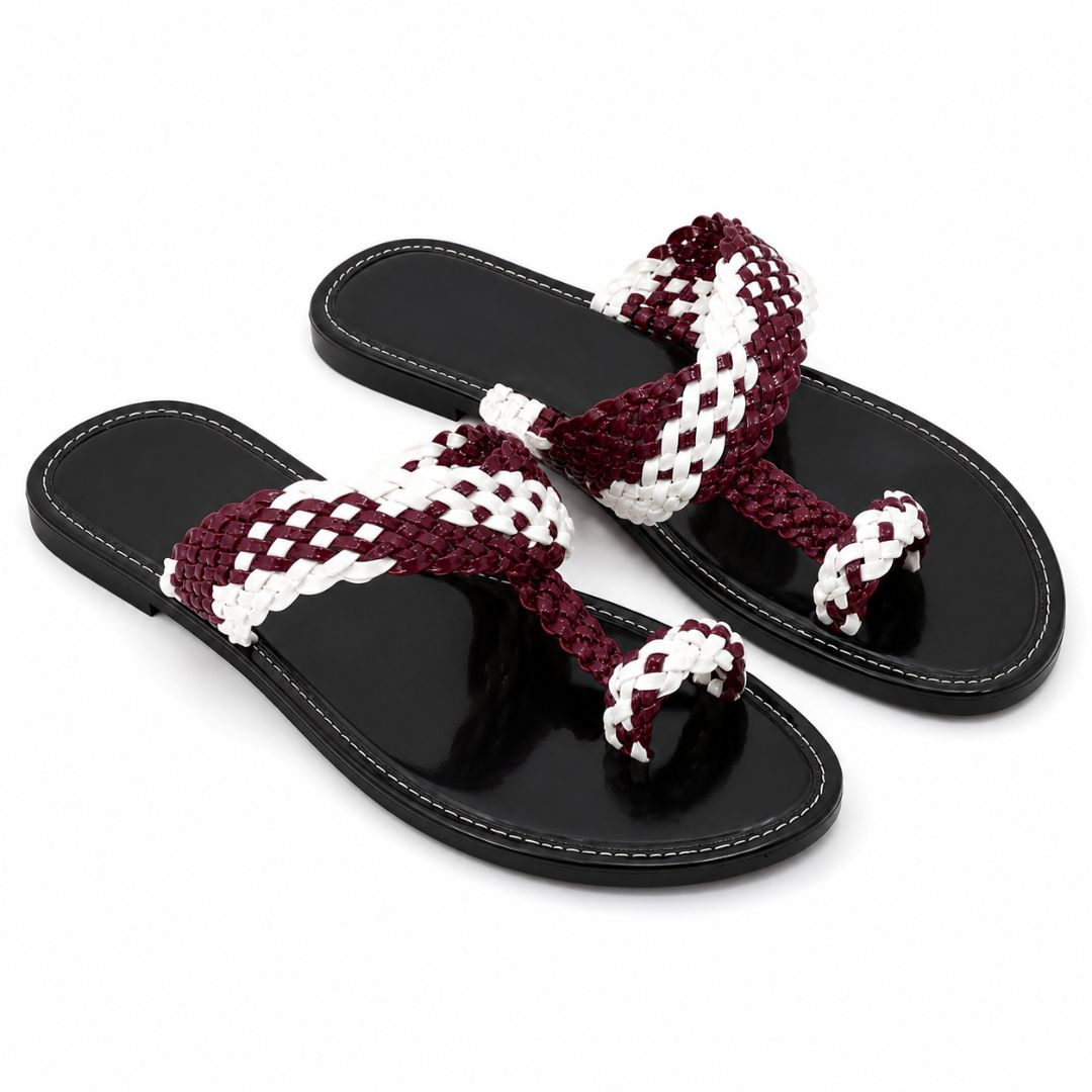 Womens Woven Two Tone Toe Ring Flat Sandals