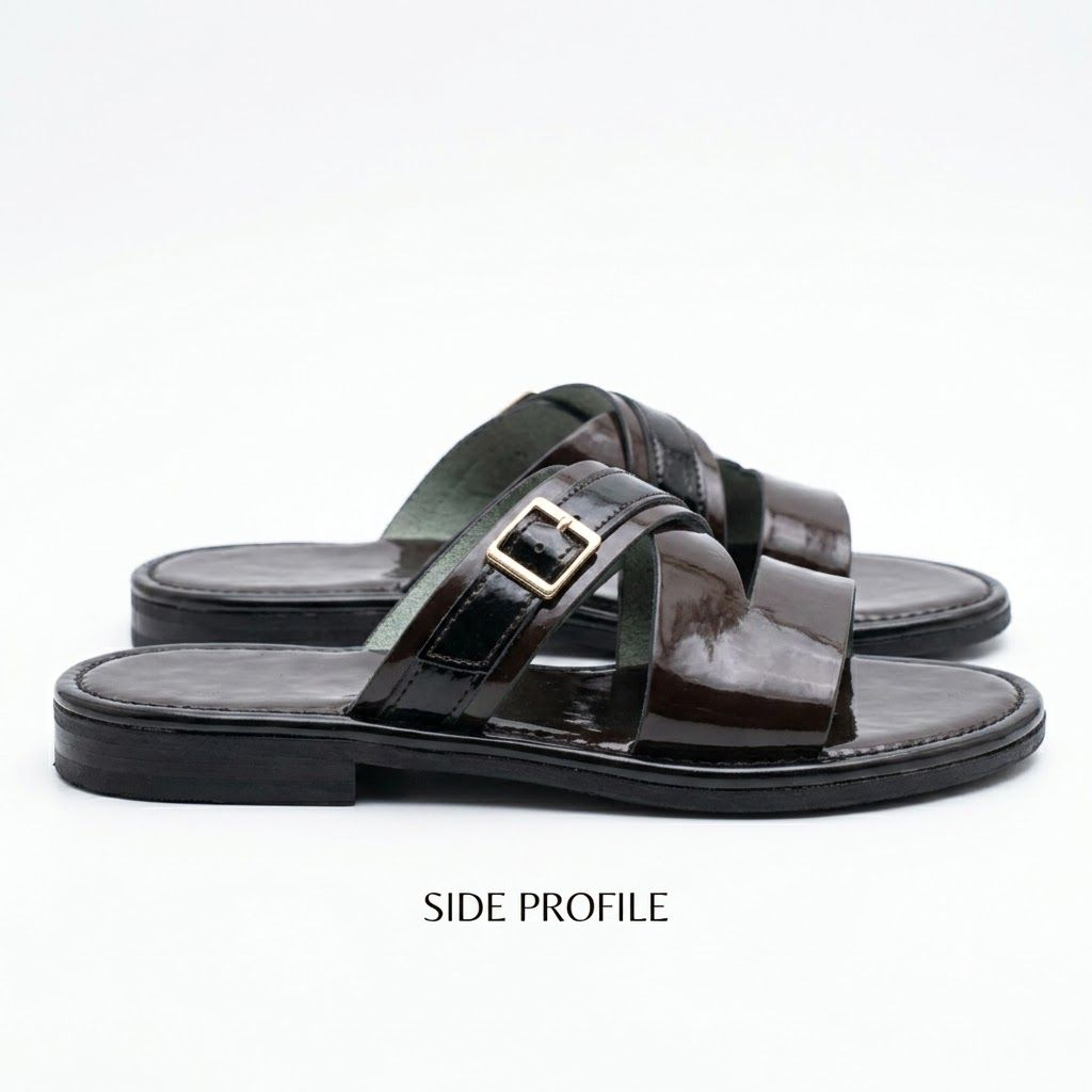 Mens Brown and Black Dual Strap Buckle Slide Sandals
